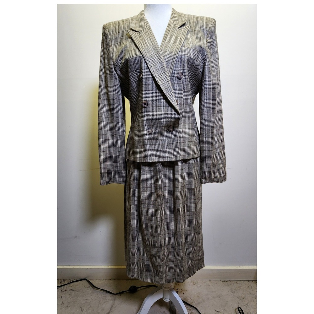 Vtg Liz Claiborne Double Breast Silk Blend Skirt Suit Sm/Med Pleated Beige Plaid